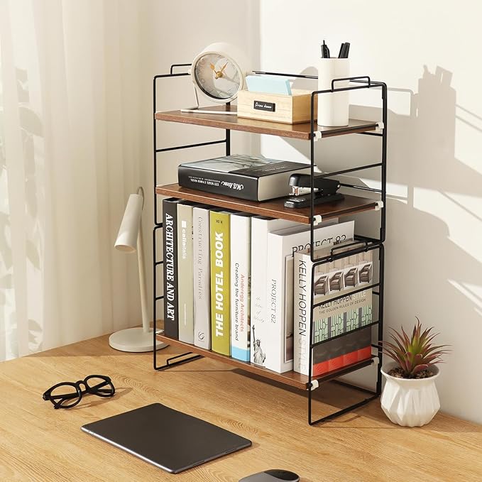 KATHY&BOB Wood Desk Shelf Organizer, 2-Tier Desktop Supplies Storage Rack, Adjustable Stackable Desk Shelf for Office, Kitchen, Bathroom, 15.75"*12.2"*7.87" (2 Sets)