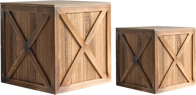 COLLECTIVE HOME - Wood Storage Ottoman, Rustic Storage Stool, 2 Pack Cube Seat Foot Rest Stool, Accent Side Table, Metal Storage Bin for Living Room Furniture, 16"/12" (Wood, barn Door)