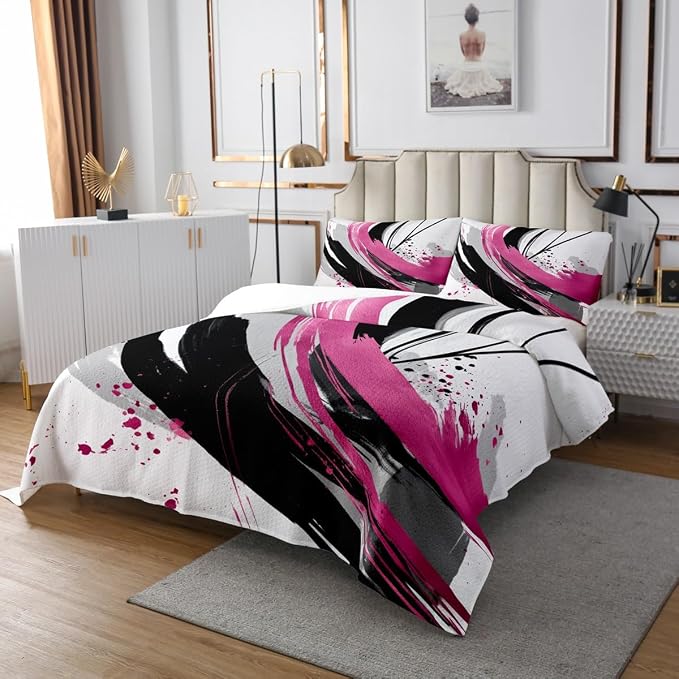 Erosebridal Black and Purple Pink Quilt Set Queen - Modern Geometric Decorative Coverlet Set Striped Bedspreads for Boys Girls Minimalists Watercolor Graffiti Lines Bedding Sets