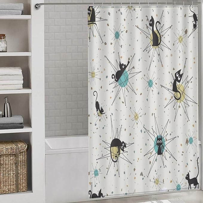 Vintage Mid Century Cats Shower Curtain Black Cat Retro Diamond Atomic 1950s 1960s Abstract Geometric Simple Waterproof Shower Curtains for Bathroom Decor 12 Pack Hooks 55x72in（140x183cm