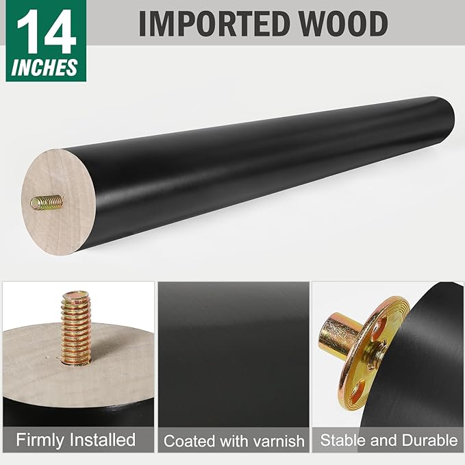 FoDau770 Black Rubber Wood Furniture Legs 14 Inches, Slant Tapered Wood Feet Mid Century Sofa Legs Set of 4, 5/16" UNC Furniture Feet Replacement Parts for Cabinet Couch Dresser Chair Ottoman Table