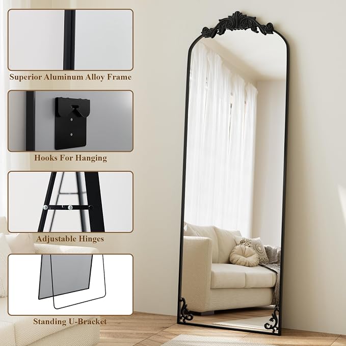 HARRITPURE Vintage Arched Full Length Mirror, 64"x21" Baroque Carved Full Body Mirrors, Large Floor Standing Mirror with Black Aluminum Frame for Bedroom, Living Room, Entryway