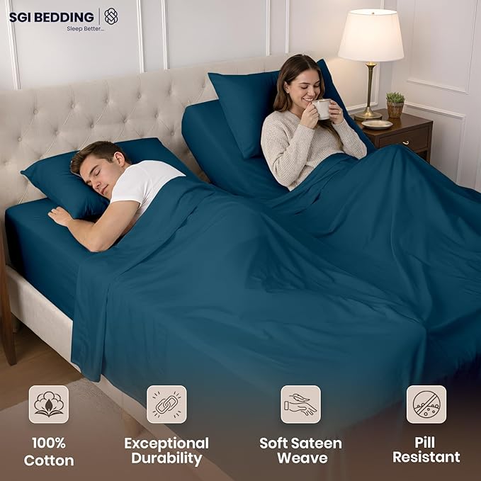 SGI Split King Sheet Set for Adjustable Bed Egyptian Premium Cotton 600 Thread Count Sheets for Sleep Number Bed 15" Deep Pocket 5 Pc Set with 2 Twin XL Fitted Sheets Soft Breathable -Teal