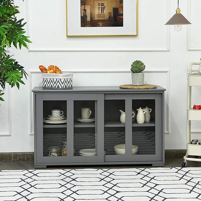 Sideboard Buffet Cabinet, Stackable Cupboard Storage Table with Adjustable Shelf & Glass Sliding Doors, Wooden Credenza Coffee Bar Cabinet for Kitchen/Dining Room/Living Room/Entryway (Grey)