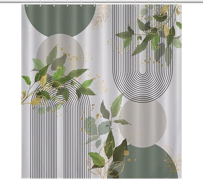 Boho Green Shower Curtain, Mid Century Modern Abstract Gold Leaves Plant Minimalist Bathroom Curtain Polyester Waterproof Fabric Decor 66x72in（168x183cm）