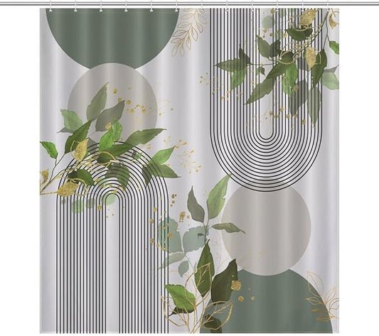 Boho Green Shower Curtain, Mid Century Modern Abstract Gold Leaves Plant Minimalist Bathroom Curtain Polyester Waterproof Fabric Decor 66x72in（168x183cm）