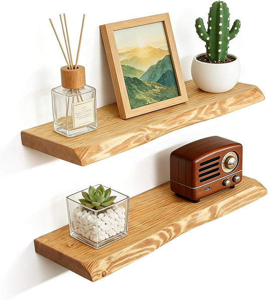 24 Inch Wooden Floating Shelves for Wall Set of 2, Finnish Spruce Solid Wood Shelf, Natural Wood Floating Shelves for Living Room, Bathroom, Bedroom, Kitchen, Natural Finish