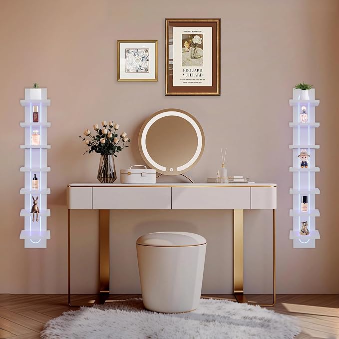 VIWODS 7 Tier Wall Shelf Unit with Light-Small Floating Shelves for Home Decor, Modern Unique Asymmetric Design for Bedroom & Living Room Storage