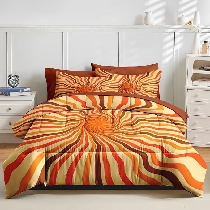 Nesker 5 Pcs Comforter Set Twin Size, 70S Retro Vintage Bedding Set for Kids and Adults, Orange Brown 50S Bed Sheet Sets with Fitted Sheet Pillowcases & Shams