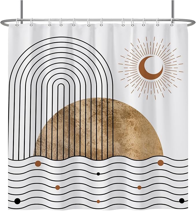 Baocicoo Boho Mid Century Shower Curtain Abstract Wave Shine Crescent Abstract Sun and Moon Shower Curtain for Bathroom Cubicle Durable Fabric Waterproof Curtain for Bathroom with Hooks 72x72 Inches