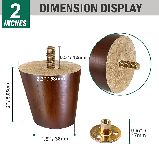 FoDau770 Brown Rubber Wood Furniture Legs 2 Inches, Slant Tapered Wood Feet Mid Century Sofa Legs Set of 4, 5/16" UNC Furniture Feet Replacement Parts for Cabinet Couch Dresser Chair Ottoman Table