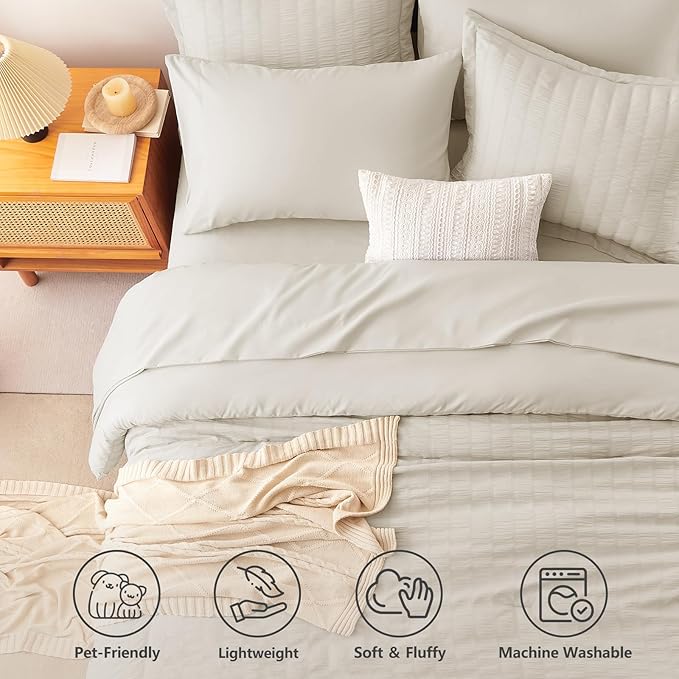 CozyLux King Size Comforter Set Oatmeal, 7 Pieces Seersucker Textured Luxury Bed in a Bag, All Seasons Soft Bedding Sets with Down Alternative Comforter, Sheets, Pillowcases & Shams, Home Gift