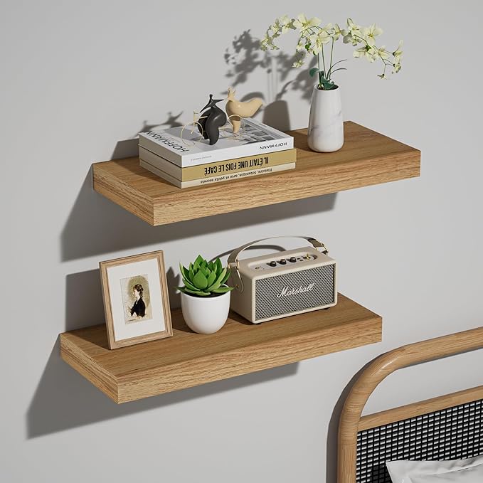 INHABIT UNION Oak Floating Shelves Wood for Wall 15.7in Wall Mounted Display Ledge Shelves Perfect for Bedroom, Bathroom, Living Room and Kitchen Decoration Storage (Set of 2)