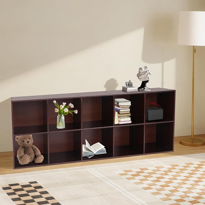 10 Cube Storage Organizer, Solid Wood Bookshelf, Vertical Or Horizontal Bookcase Horizontal Bookshelf, Bookcase for Bedroom, Living Room, Office (Walnut, 10-Cube, 2)