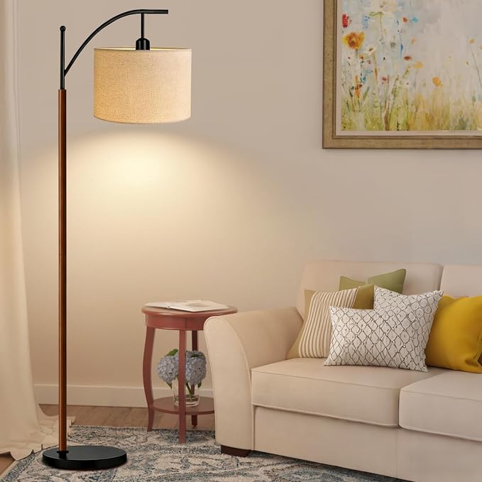 ILLMTW Arc Floor Lamp for Living Room,Bedroom,Vintage Mid Century Modern Standing Lamp with Remote Dimmable,Wood Boho Black Tall Lamp Fabric Lamp Shade Floor Lights Bohemian Tiffany Style