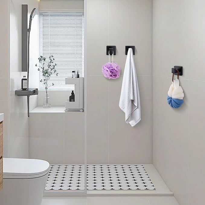 Towel Hooks for Bathrooms Robe Hook Coat Hook 4 Pack Matte Black Stainless Steel Heavy Duty Wall Mounted Square Hooks for Bathroom Kitchen Bedroom