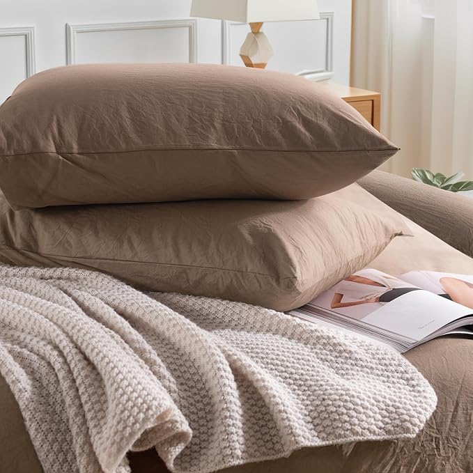 NEXHOME PRO 100% Washed Cotton Duvet Cover Twin Size, Ogranic Natural Linen Feel Breathable Bedding Set with Zipper Closure, 2 Pieces Duvet Cover Set Toffee (No Comfortert) 6890