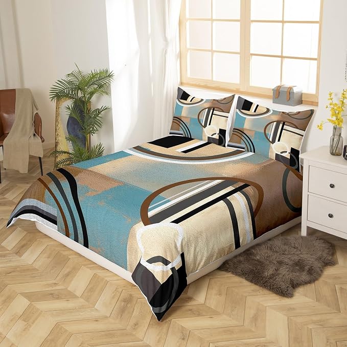 Brown And Blue Duvet Cover King, Oil Painting Comforter Cover for Kids Bedroom Decor,Watercolor Pastel Artwork Bedding Set,Geometric Circles Swirls Bedspread Cover 3Pcs with 2 Pillow Cases
