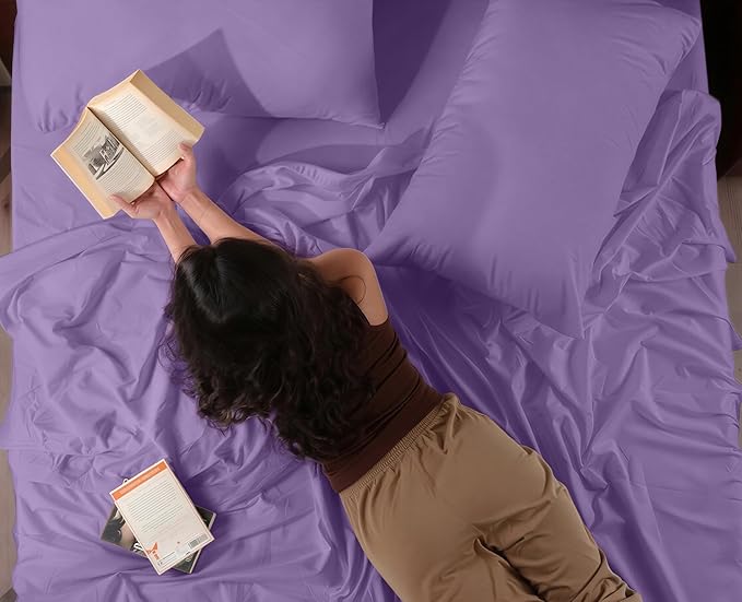 RUVANTI 100% Cotton Percale Sheets Twin XL Size 4 Piece Set, Cooling Bed Sheets for Hot Sleepers, Deep Pocket 16”, Breathable Lightweight & Durable, Crisp Hotel Style Sheets, Purple Sage
