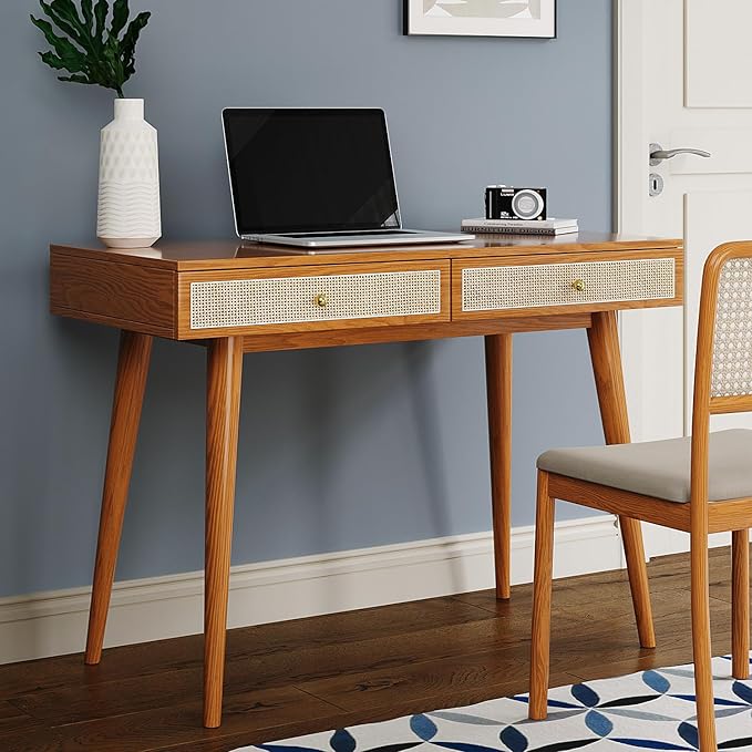 Mid-Century Modern Solid Wood Desk with Drawers – 45 inch Small Boho Rattan Writing Desk for Home Office, Minimalist Design Natural Wood Legs Table for Workspace Elegance