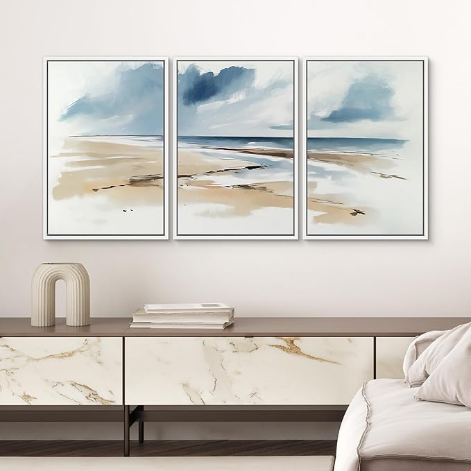 SIGNWIN Framed Canvas Print Wall Art Set Coastal Beach Horizon Blue and Tan Seascape Illustrations Modern Art Decorative Boho Relax/Zen Nordic for Living Room, Bedroom, Office - 24"x36"x3 White