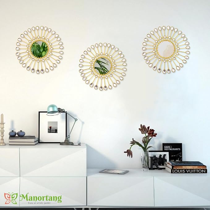 Gold Mirrors - Sunburst Valentine Wall Art, Decorative Round Mirrors for Valentine Bedroom, Living Room, Bathroom, Kitchen, Entryway, Hallway - Set of 3