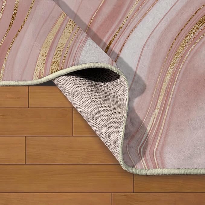 Ansouyi Non-Slip 5x7 ft Area Rugs, Washable Rug Carpet for Living Room, Pink with Gold Abstract Liquid Marble Home Decor Rugs for Game Room Classroom Bedroom Dining Kindergarten Room