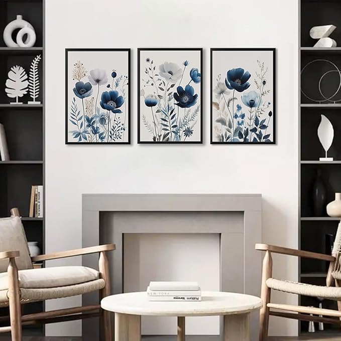 BingruiArt Navy Blue Wall Art Canvas Abstract Floral Painting Blue and Gray Posters Watercolor Flower Decor Wildflower Pictures Botanical Prints for Living Room Bedroom Bathroom 3 Pcs 16"x24" Black Framed