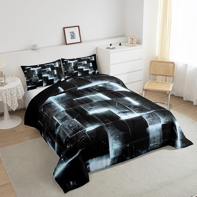3D Geometric Bedding Set King Abstract Aesthetic King Comforter Black and Greyish White Duvet Insert Glowing Futuristic Cube Quilt Comforter Neon Grid Bedding Comforters & Sets 3pcs (Black Reversible)