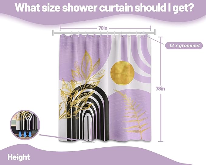 Mid Century Modern Black and Purple Shower Curtain Boho Lavender Light Purple and Gold Shower Curtains for Girls Bathroom Decor Sets, Waterproof Cloth Fabric with Hooks, 70x78in