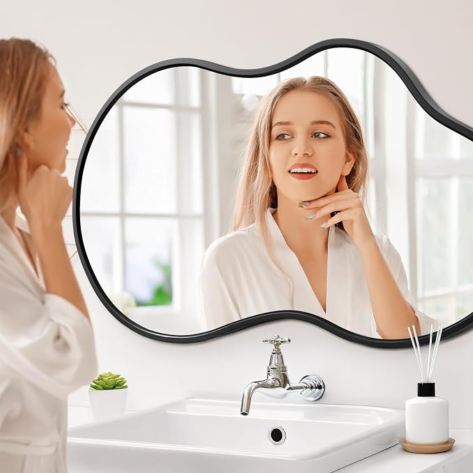 40”x 24” Irregular Wall Mirror, Large Bathroom Mirror, Abstract Black Framed Mirrors, Asymmetrical Wavy Decor Mirrors for Bathroom Living Room Bedroom Entry Way (Horizontal/Vertical)