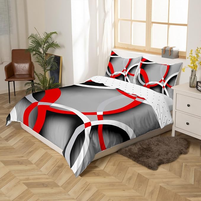 Feelyou Geometric Bedding Set Retro Circle Comforter Cover for Kids Boys Girls Teens Women Modern Abstract Art Duvet Cover Grey Red Black Bedspread Cover Room Decor King Size (No Comforter)