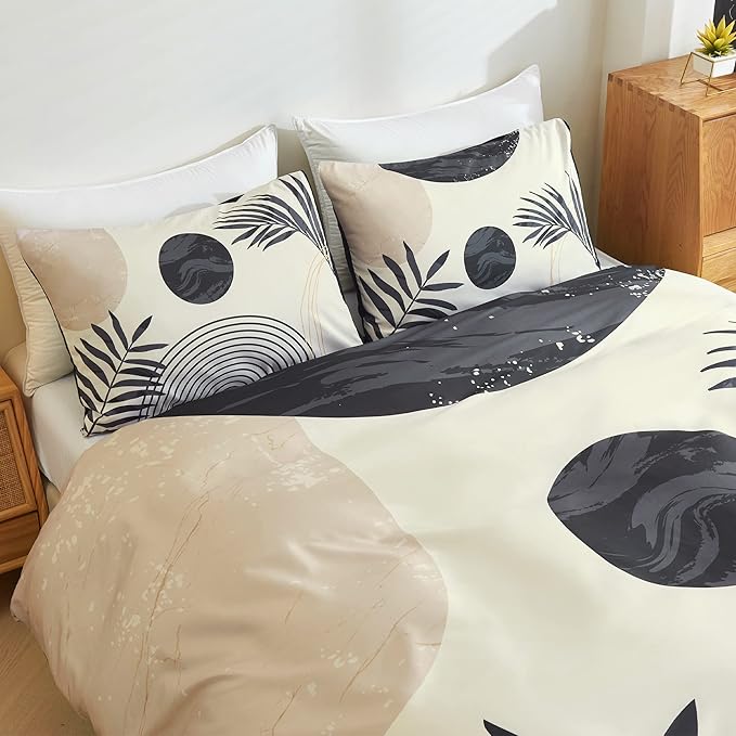 Hilioens Boho Duvet Cover Queen Black Abstract Arch Sun Modern Mid Century Boho Bedding Sets for All Seasons, 3 Pieces Home Bedroom Decorations Soft Microfiber