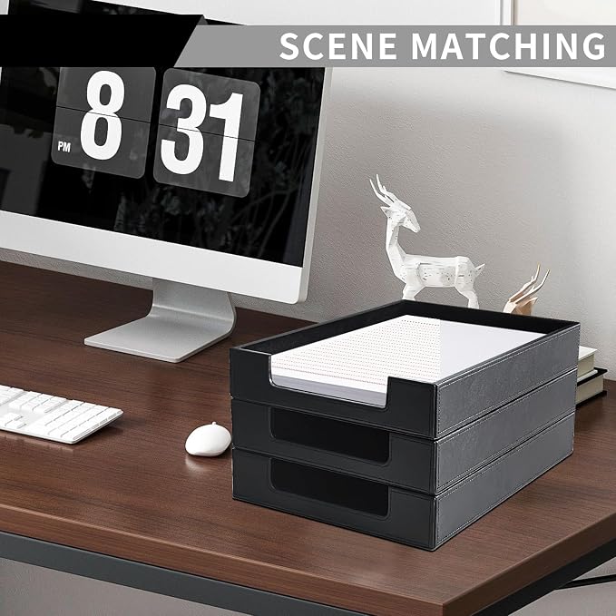 PU Leather Letter Tray - Load Documents Trays Front for Office Desktop Organizer - Desk Magazine, File, A4 Paper Holder - Paper Document File Holder (Black, A4-Tray)