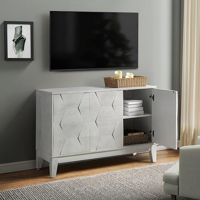 HULALA HOME Modern Kitchen Buffet Cabinet Storage Sideboard with 3D Geometric Design, Freestanding Floor Cabinet with 3 Doors & 2 Adjustable Interior Shelves for Living Room Dining Room Hallway, White