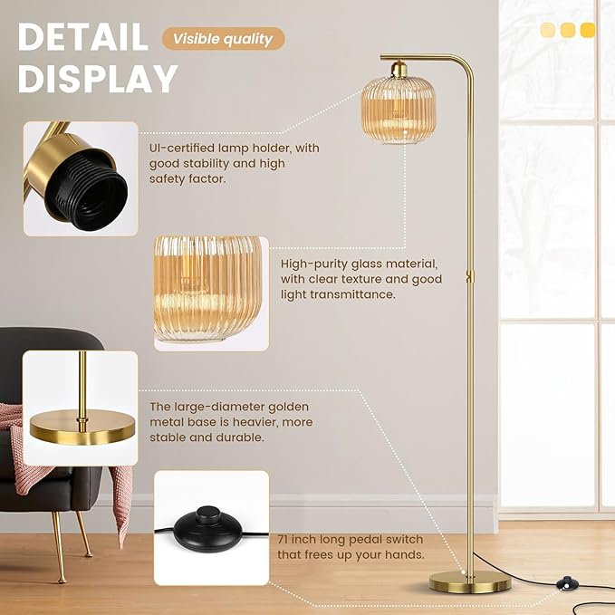 Glass Floor Lamp for Living Room, Mid Century Modern Dimmable Floor Lamp with Amber Glass Shade and Pedal Switch, 67" Tall Vintage Gold Standing Lamp for Bedroom Study Room