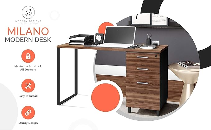 Modern Design Milano Office Computer Desk with 3 Locking Drawers, 48 Inch Walnut and Black Industrial Wood Desk with Filing Drawer and Storage by Crafts and Comfort