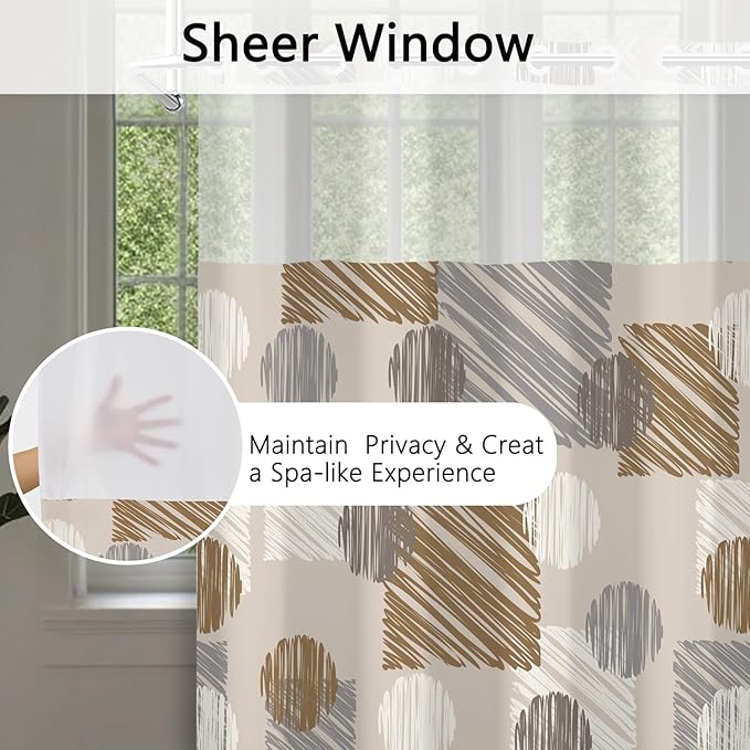 No Hook Shower Curtain with Snap in Liner - Neutral Brown Gray Waterproof Fabric Shower Curtains, Modern Abstract Bathroom Decor with See Through Mesh Top Window, 71x74 Inch