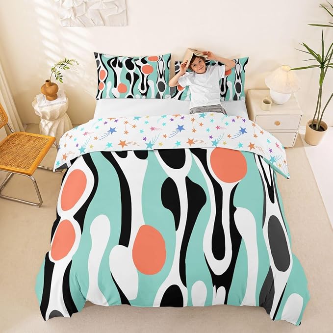 Erosebridal Mid Century Modern Abstract Duvet Cover Set Vintage Geometric King Bedding Set for Adult Men Contemporary Organic Shapes Comforter Cover Squiggle Blob Bed Sets,Teal Coral Salmon Pink