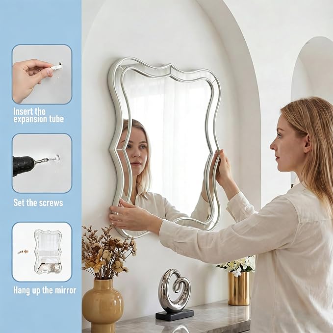 Silver Scalloped Wall Mirror Decor -24”x32 Large Double Wavy Edge RetangleMirror, Shabby Chic Mirrors for Living Room, Bedroom, Dining Room,Entryway,Bathroom
