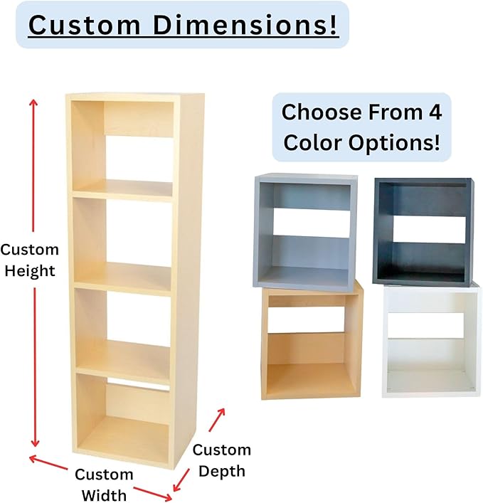 Custom Sized 4-Cube Cubby; Choose color, width, depth, and height. Units are 3/4 inch thick premium grade melamine for strong, solid unit. Easy assembly. Place on the floor or mount on a wall.