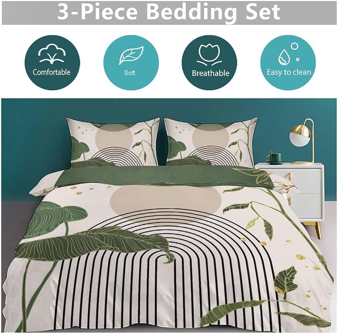Boho Sage Green Comforter Set,Mid Century Tropical Plant Palm Leaves Abstract Minimalist Geometic Modern Bedding Set with Pillowcase for Bedroom Bed Decor，Twin 86"x70"