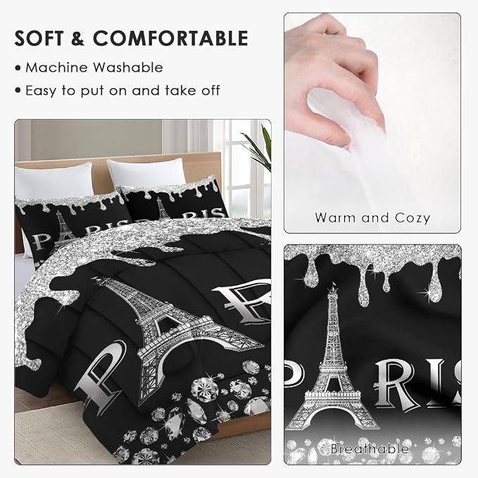 WeCozy King Size Comforter Set with 2 Pillowcases, Silver Paris Eiffel Tower 3 Pcs Bedding for Kids and Adults, Black France French City Soft Comforter Set for Bedroom Bed Decor