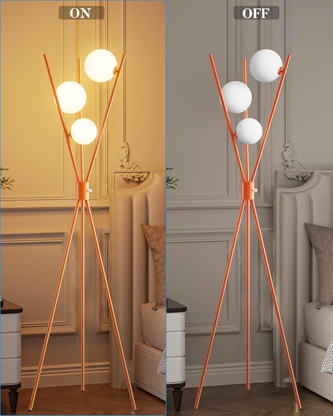 Lightdot Globe Standing Lamps Stepless Dimmable Tripod Floor Lamp with 3PCS 3000K Bulbs Included Stable Base Orange Mid Century Modern Floor Lamp for Living Room/Bedroom/Sofa Beside/Corner Decor