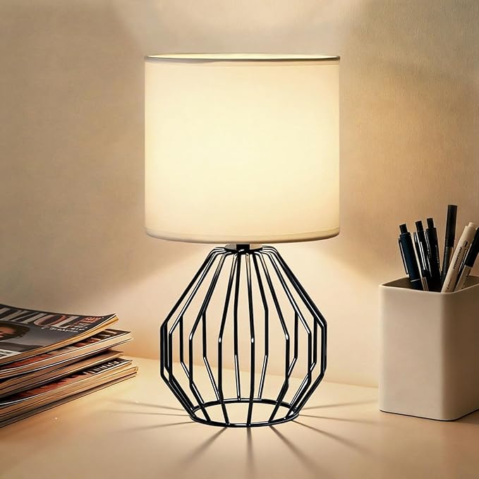 Small Table Lamp Black, Modern Minimalist Desk Lamp with Metal Base White Fabric Shade, Bedside Nightsand Table Lamp for Bedroom, Living Room, Kis Room