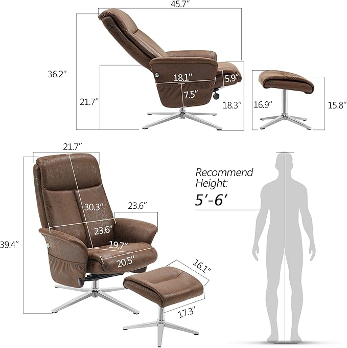 MCombo Swivel Recliner with Ottoman, Modern Heavy-Duty Aluminum Base, Faux Leather Lounge Chair for Small Space, Living Room, or Office 4603 (Brown)