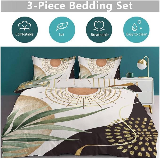 Boho Sunrise Bedding Set,Mid Century Aesthetic Tropical Palm Leaves Abstract Minimalist Comforter Set with Pillowcase for Bedroom Bed Decor，Twin 86"x70"