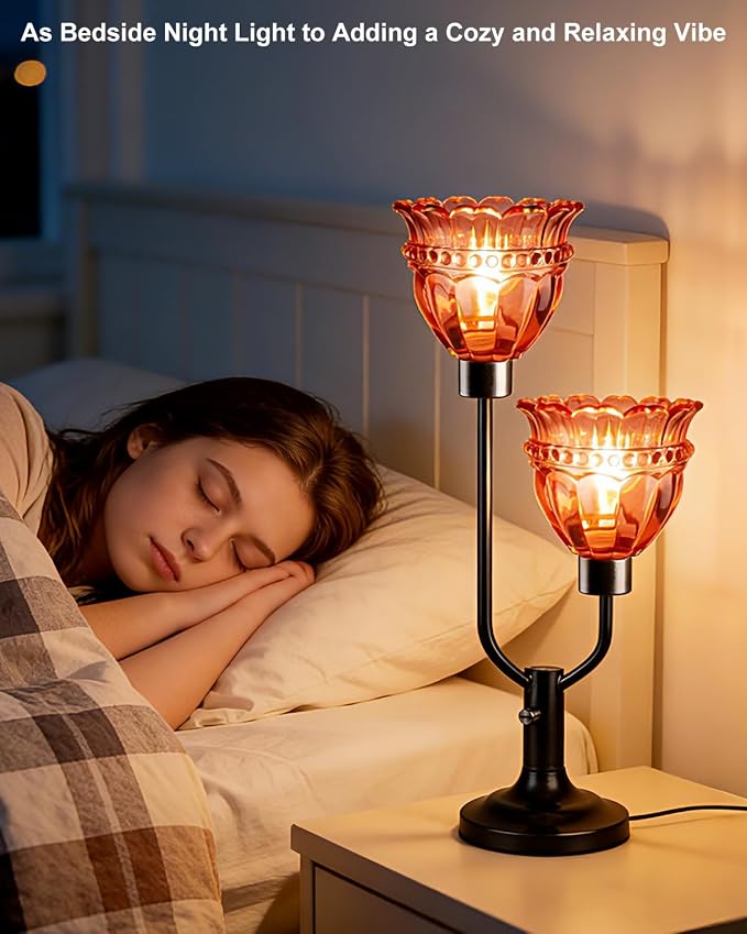 Lightdot Vintage Table Lamp Dimmable Mid Century Modern Black Desk Lamp Red Glass Nightstand Lamp 2 Bulbs Included Warmwhite Ambient Bedside Lamps for Living Room Bedroom Girls Room Home Office Decor