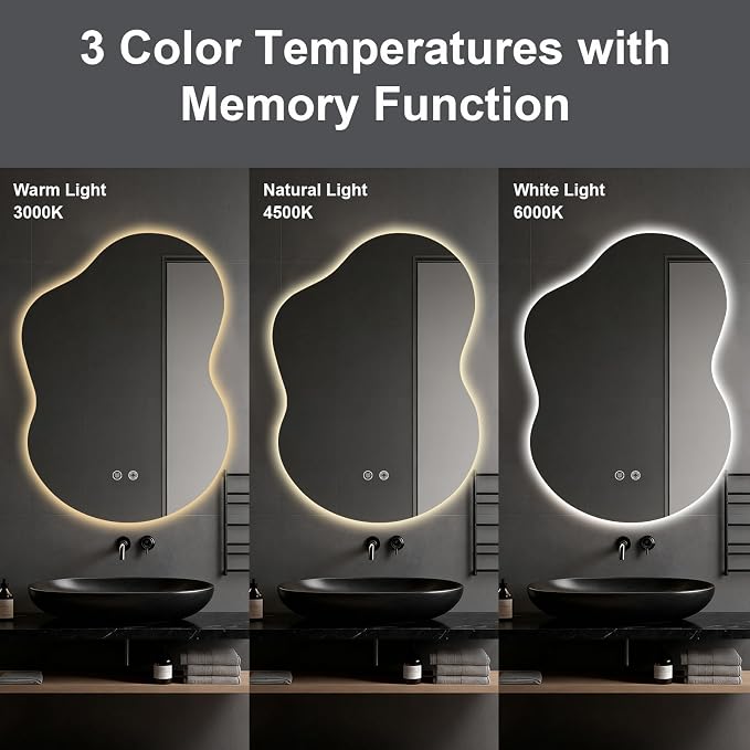 Asymmetrical Lighted Mirror for Bathroom,Modern LED Vanity Mirror with Backlit,Fog-Free,Tri-Color Dimmable Lighting with Memory Function,Hardwire Ready [Horizontal/Vertical] 35" H x 25" W