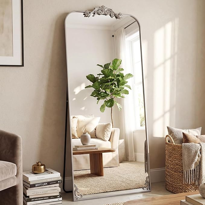 Antok Arched Full Length Mirror, 32"x71" Floor Mirror with Carved, Full Body Mirrors for HomeDecor, Large Wall Mirror with Corner Flower for Bedroom, Living Room, Silver, Luxury Style
